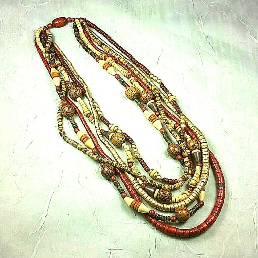 Multi Strand Wood Seed Bead Necklace 20-26" Rich Brown Gold Layered Boho Tribal
